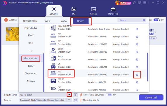 Select PS3 as the output format in Aiseesoft Video Converter Ultimate for conversion