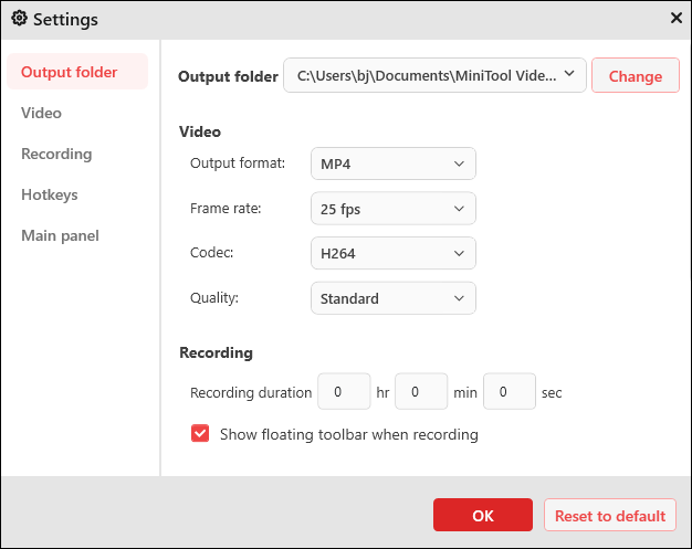 The Settings interface of MiniTool Screen Recorder