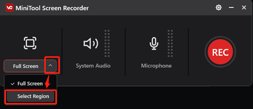 Select the recording area in MiniTool Screen Recorder for game recording