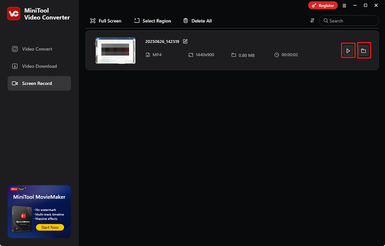 In MiniTool Video Converter’s Screen Record section, click the Play icon to play the recording or click the Folder icon to locate it