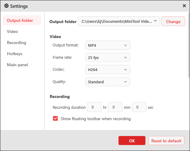 The Settings window of MiniTool Screen Recorder