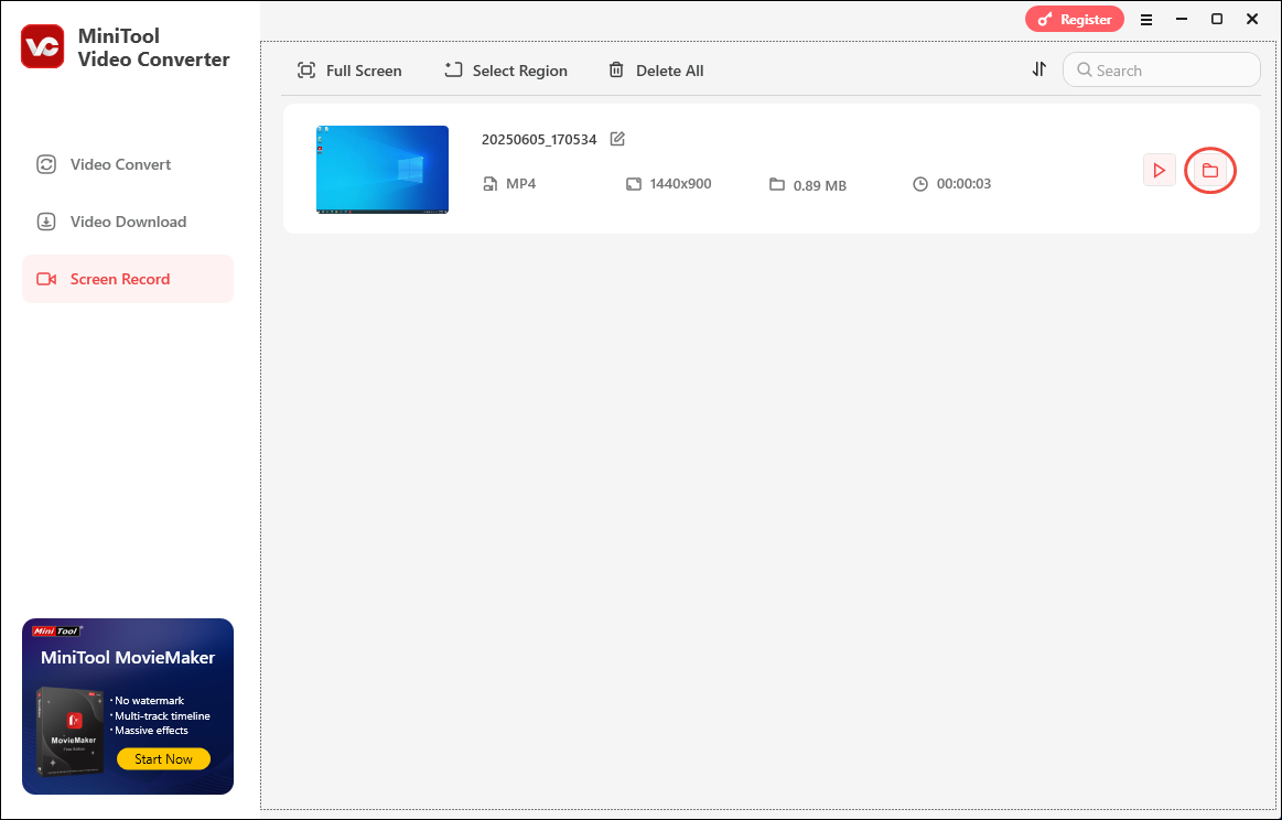 Click on the Folder icon in MiniTool Video Converter to locate the recording file