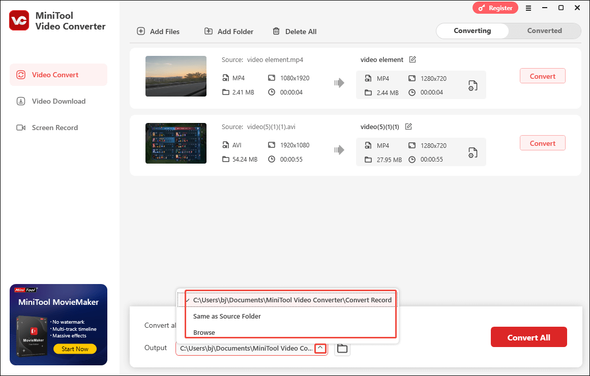 Expand the Output option in MiniTool Video Converter and choose a destination folder for your converted files