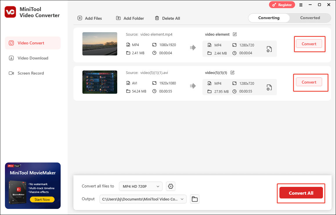 Click on Convert or Convert All in MiniTool Video Converter to start the conversion process