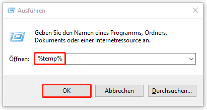 %temp% in das Ausführen-Dialogfeld eingeben und die Eingabetaste drücken, um die TMP-Dateien anzuzeigen