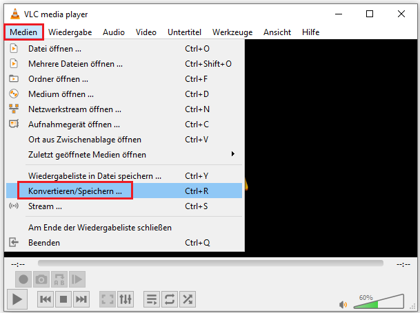 zum Öffnen des Fensters „Medien öffnen“ klicken Sie in VLC auf „Medien“ und dann auf „Konvertieren/Speichern“