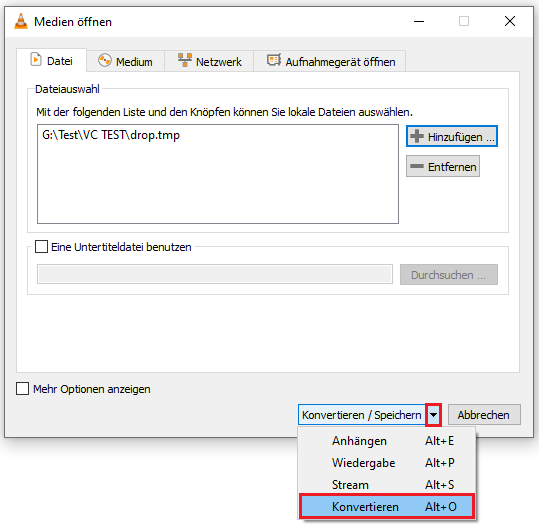 wählen Sie aus dem Dropdown-Menü die Option „Konvertieren“, um das Fenster „Konvertieren“ zu öffnen