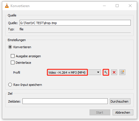 Video – H.264 + MP3 (MP4) als Ausgabeformat auswählen und auf das Schraubenschlüsselsymbol klicken