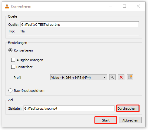 klicken Sie in VLC auf „Durchsuchen“, um einen Speicherort für die konvertierte Datei auszuwählen, und dann auf „Start“, um die Konvertierung zu starten