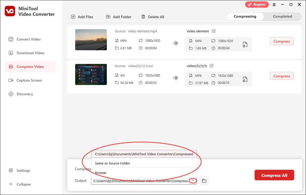 Expand the Output option in MiniTool Video Converter’s Compress Video section to choose a saving path for your compressed files