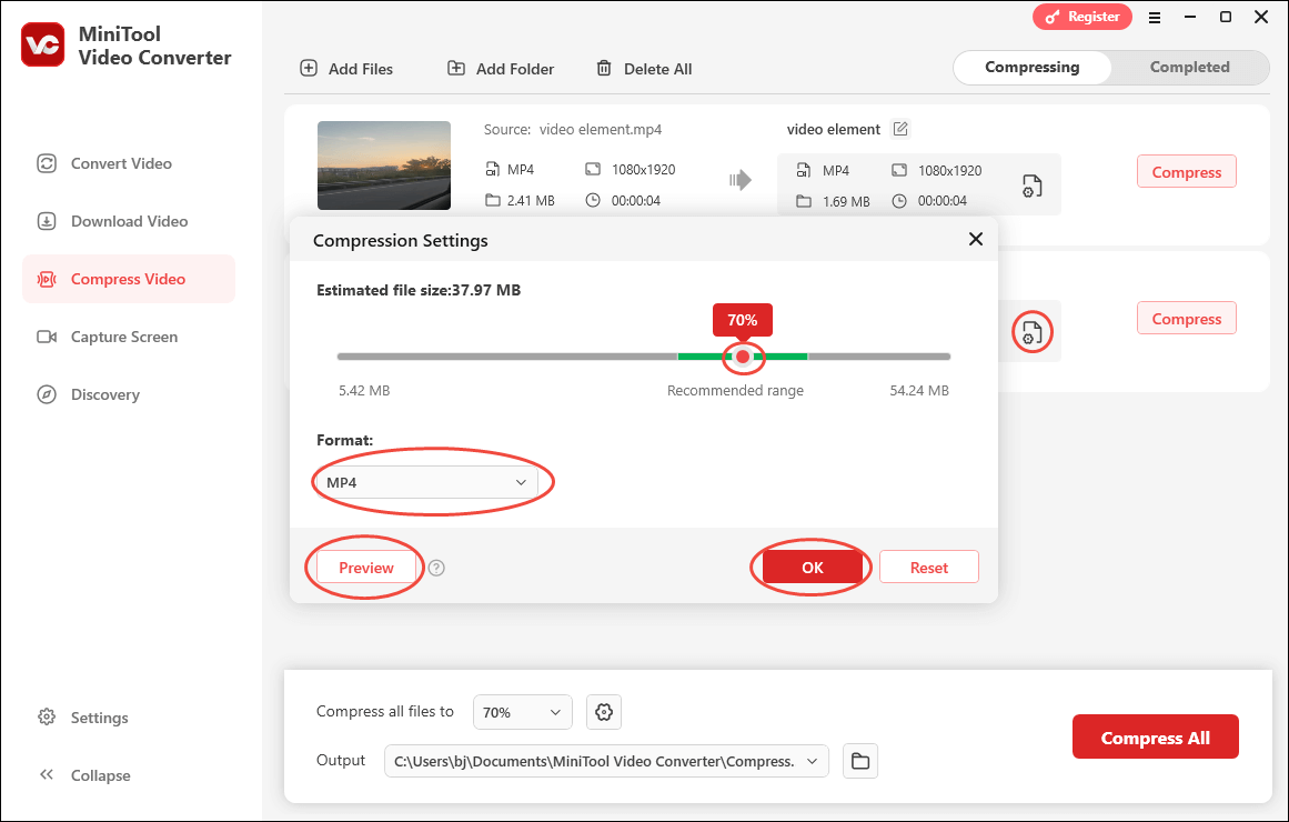 Click on the Settings icon in MiniTool Video Converter’s Compress Video Section to configure the compression settings