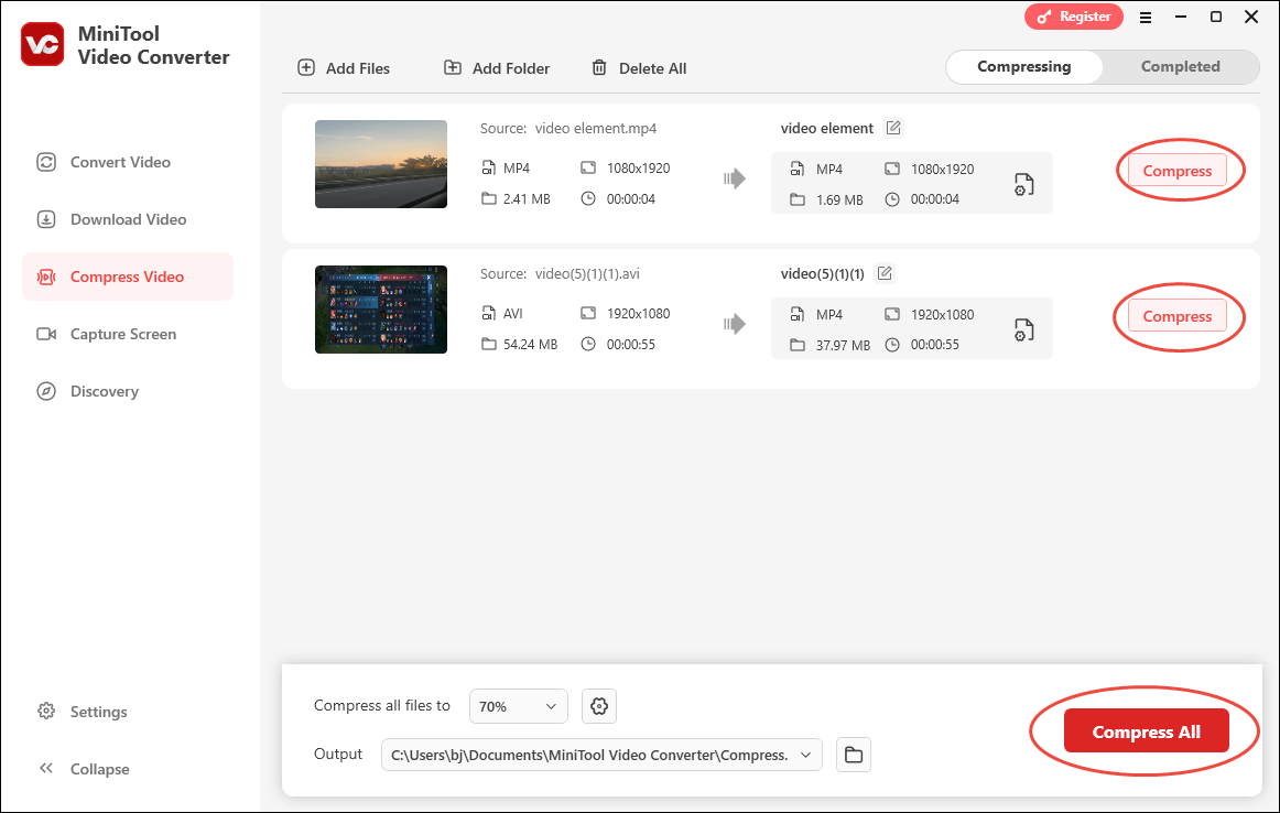 Click on the Compress or Compress All button in MiniTool Video Converter to start the compression process