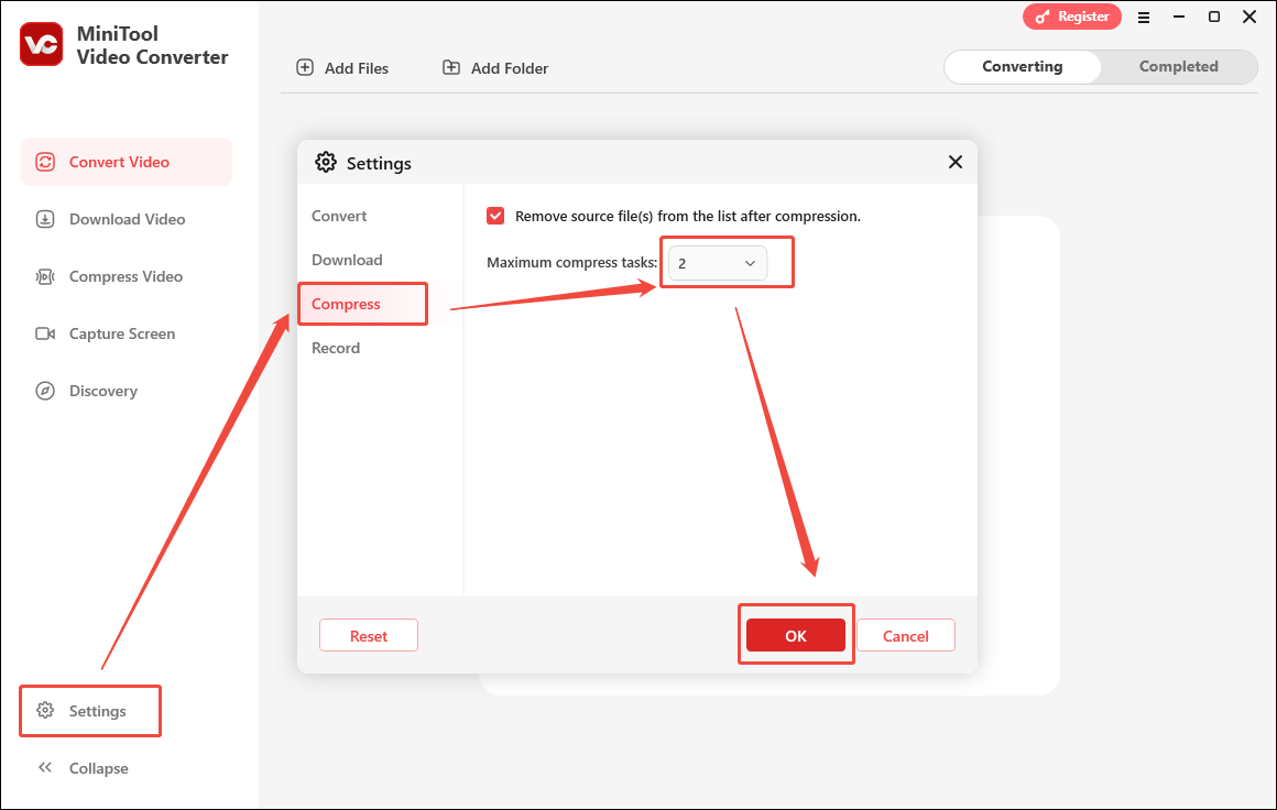 Specify the compression settings in MiniTool Video Converter