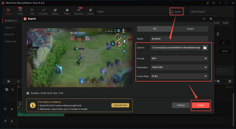 Configure the output settings and click on the Export button in MiniTool MovieMaker to begin the compression process
