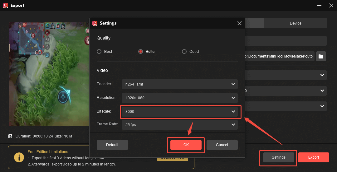 Configure the bitrate settings in the Settings window of MiniTool MovieMaker