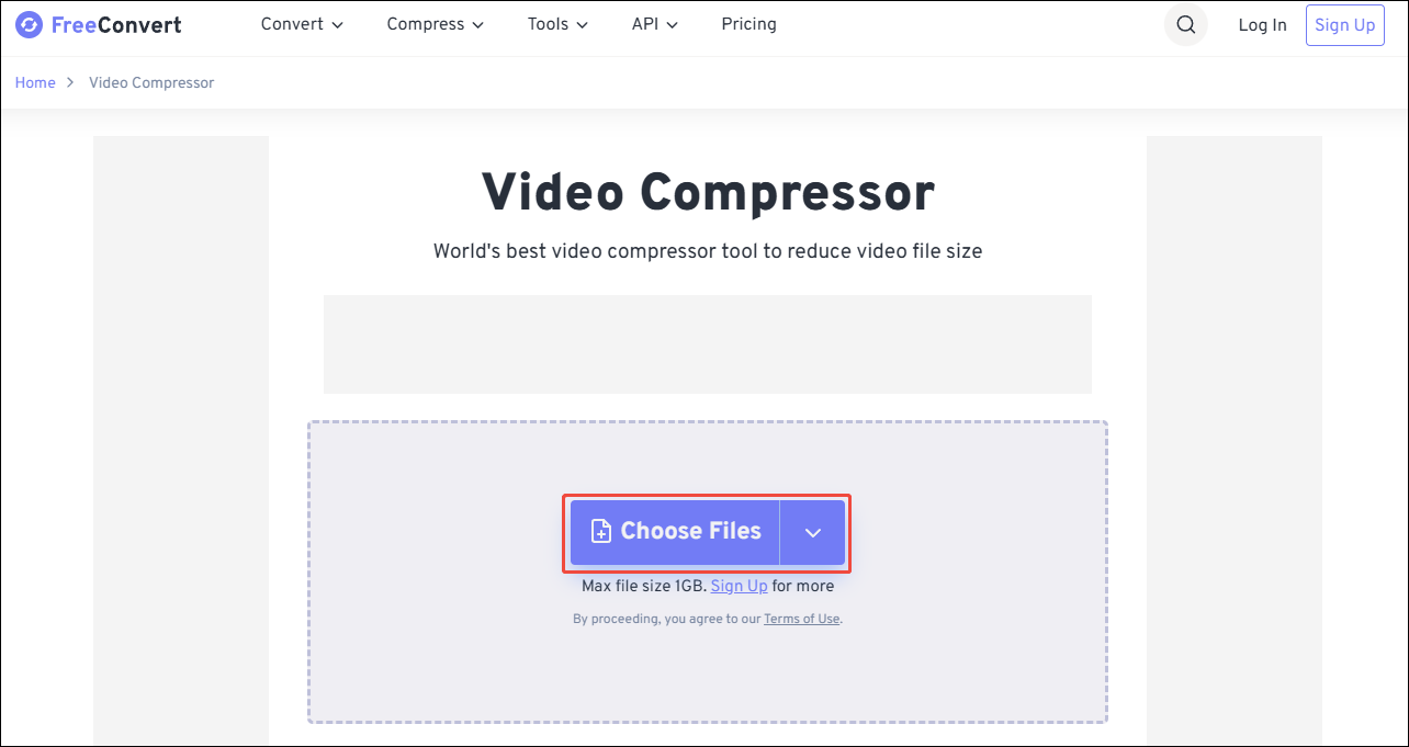 Click on Choose Files in FreeConvert Video Compressor to upload your Discord videos