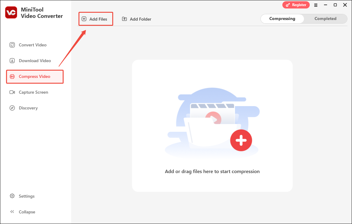 Click on Add Files in MiniTool Video Converter’s Compress Video tab to import your video files