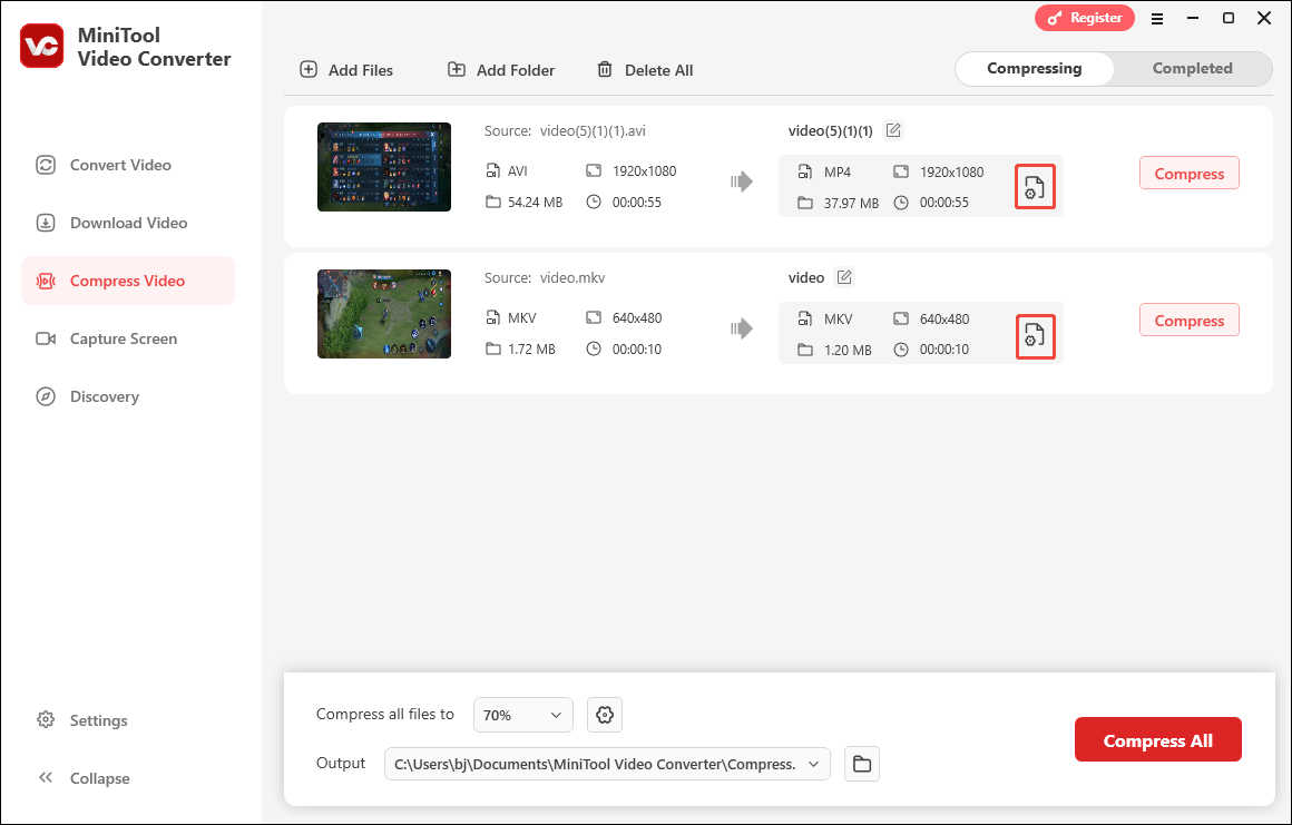 Click on the Settings icon in MiniTool Video Converter to enter the Compression Settings window