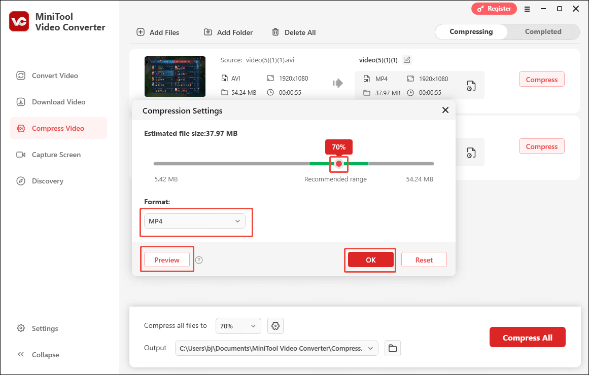 Configure the compression percentage and output format in the Compression Settings window of MiniTool Video Converter