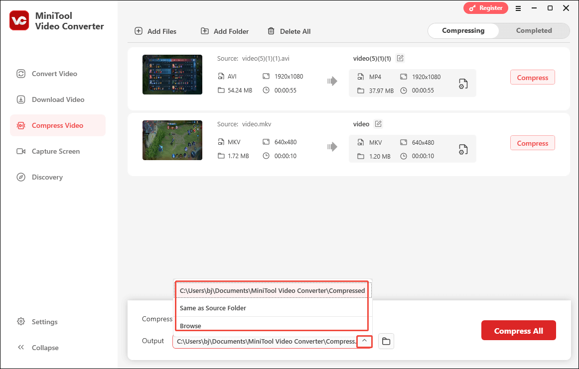Expand the Output option in MiniTool Video Converter’s Compress Video module to choose a saving path for the compressed videos
