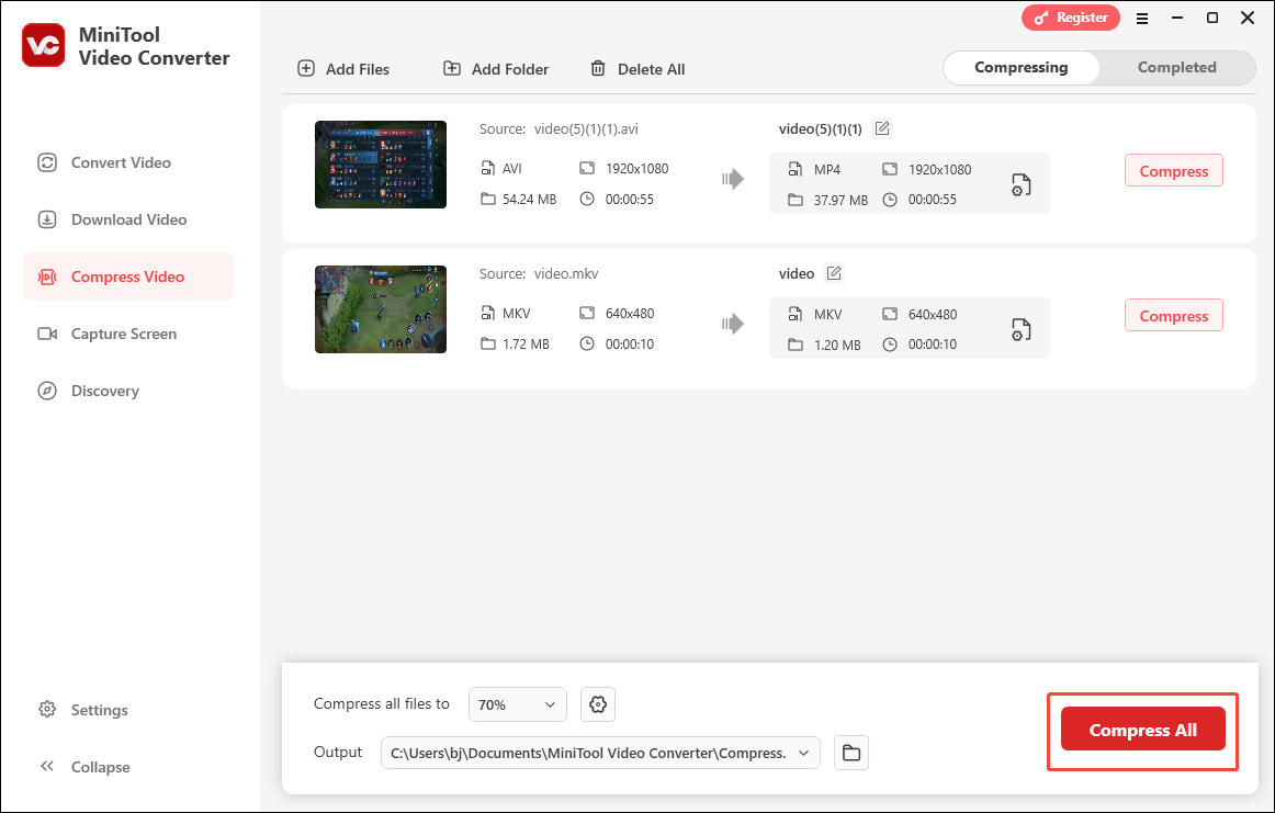 Click on Compress All in MiniTool Video Converter to begin the compression process