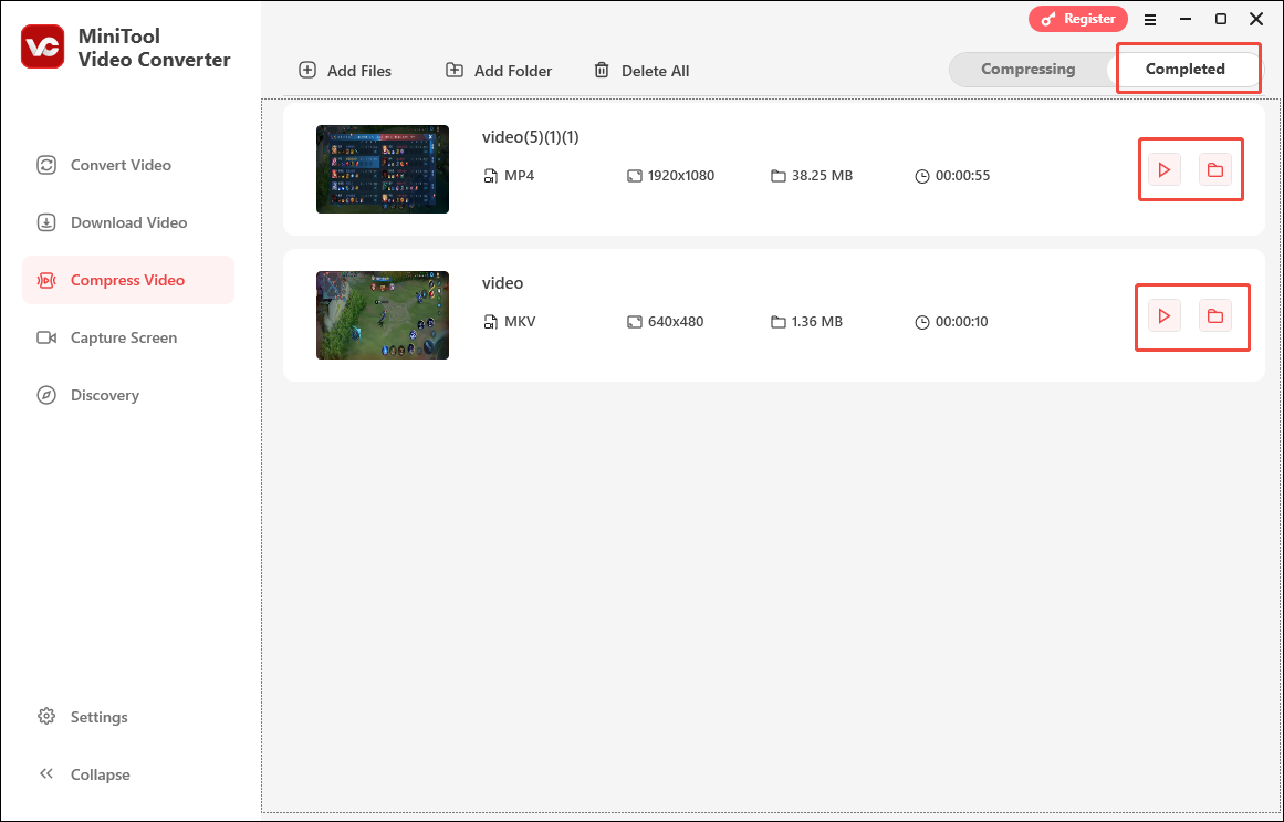 Click on the Play icon or the Folder icon to manage the output files