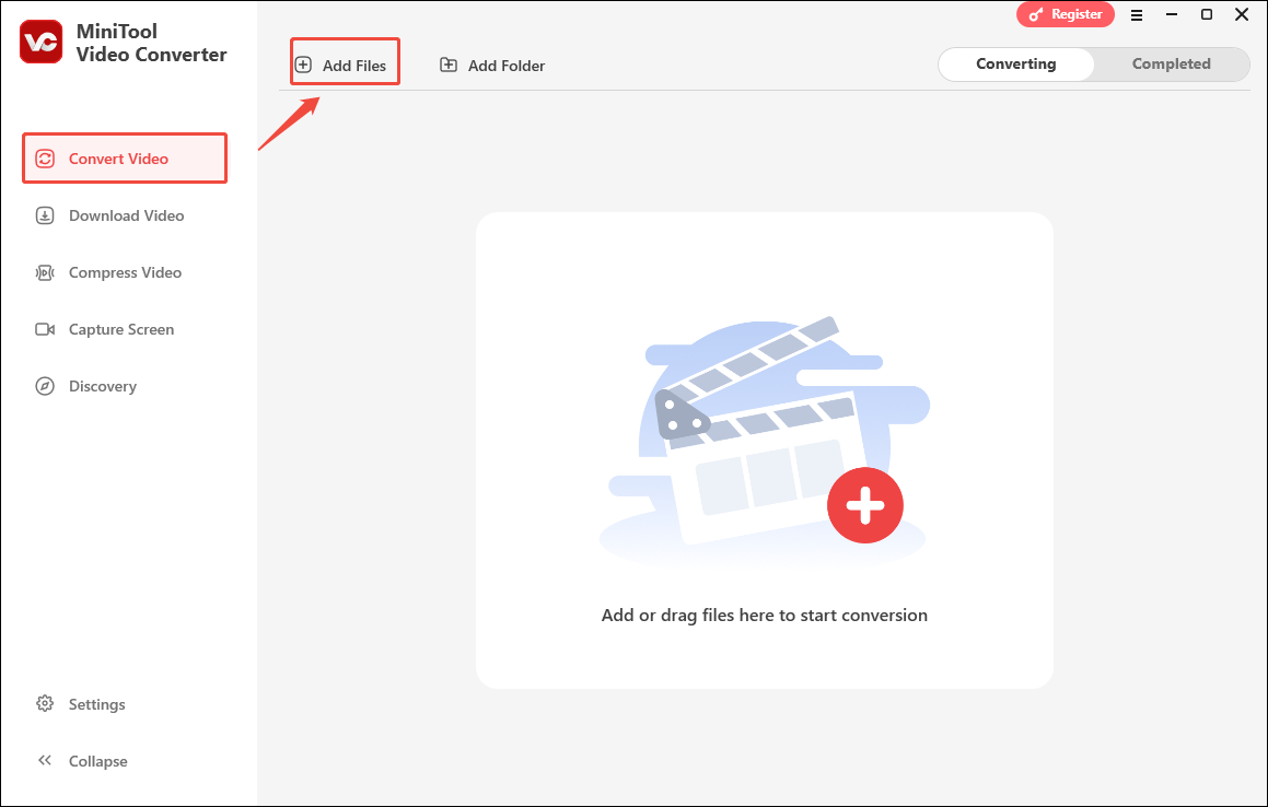 Click on the Add Files button in the Convert Video tab of MiniTool Video Converter to upload the compressed videos