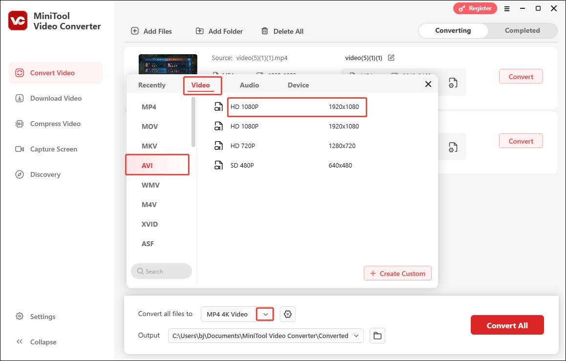 Expand the Convert all files to option in MiniTool Video Converter and choose AVI HD 1080P as the output format