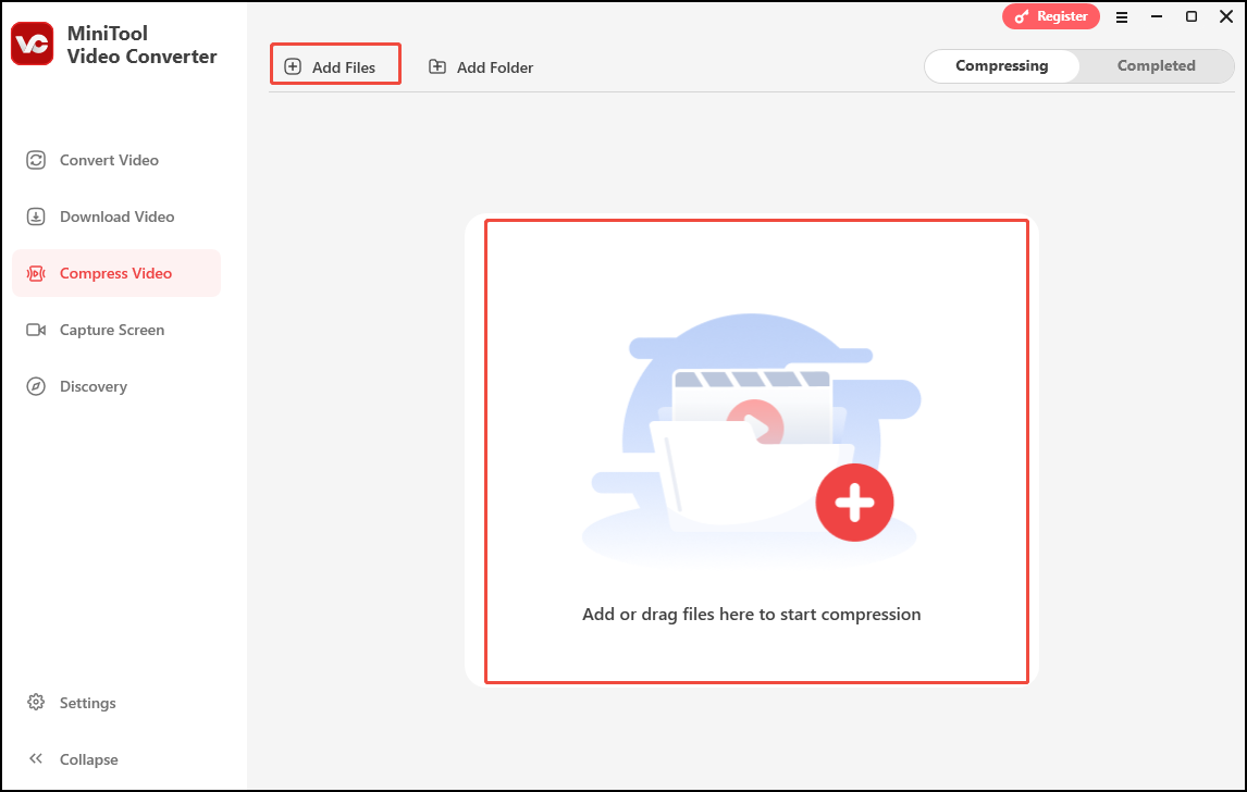 Switch to the Compress Video tab and click the Add Files button or the Add or drag files here to start compression area to load your video