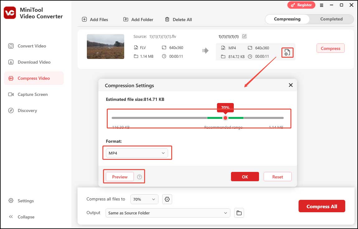 Customize the video size and format in MiniTool Video Converter, click Preview to check the video quality, and click OK to save your changes
