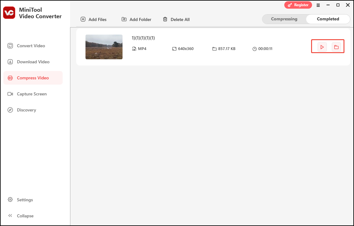 Click the Play icon in MiniTool Video Converter to watch the video and the Folder icon to locate it