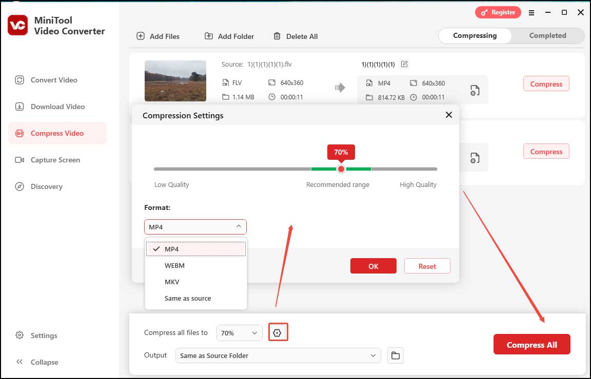 Click the Gear icon at the bottom to choose a quality and format for all the files and click Compress All to batch process them