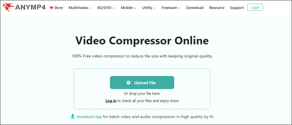 Click the Upload File button in AnyMP4 Online Video Compressor to load the video you want to compress