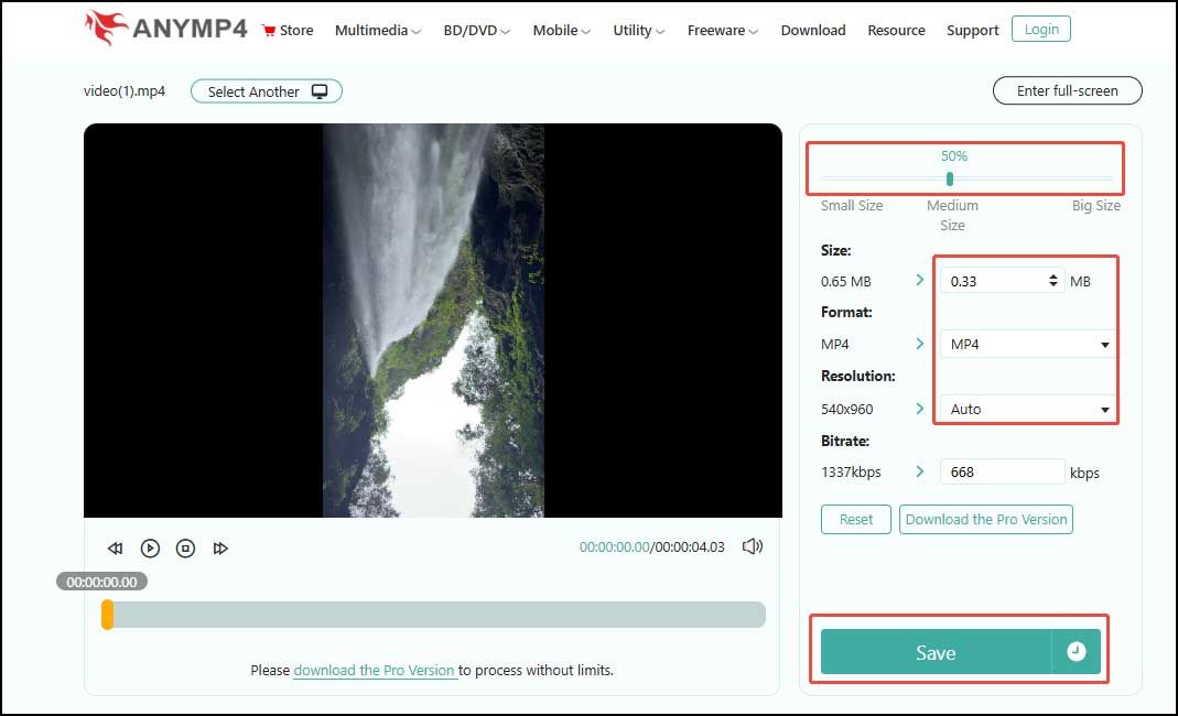 Slide the slider to the left to reduce the video size, choose the output format and resolution, then click Save