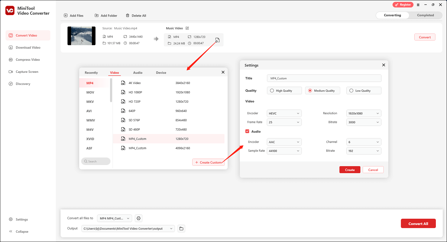 Compress a video by editing encoding parameters in MiniTool Video Converter