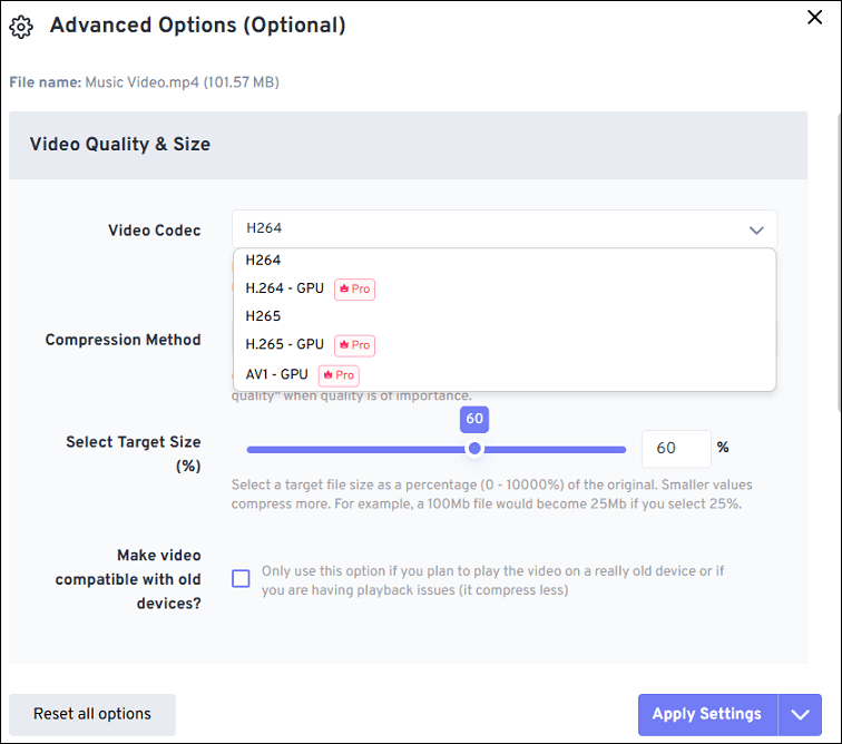 Adjustable compression settings of FreeConvert video compressor