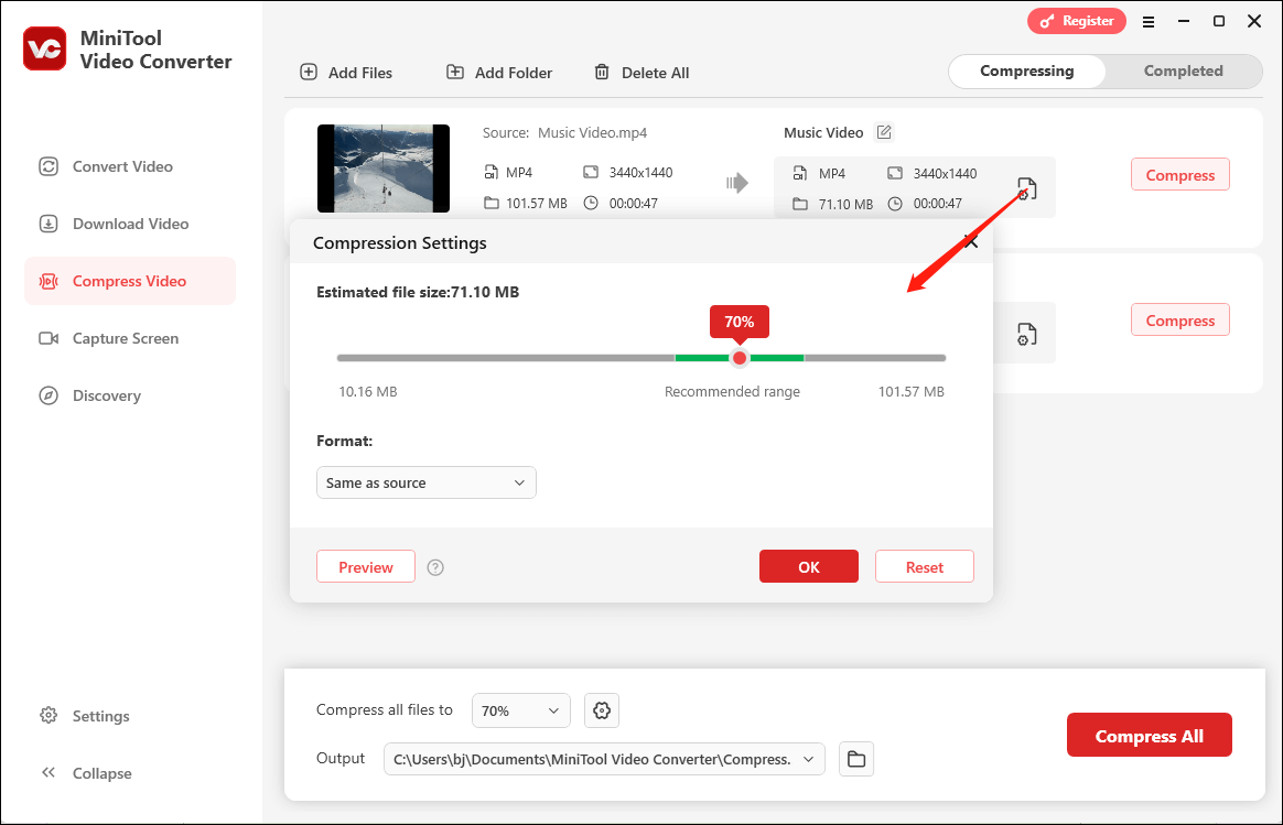 Click the Settings icon to enable Compression Settings in MiniTool Video Converter