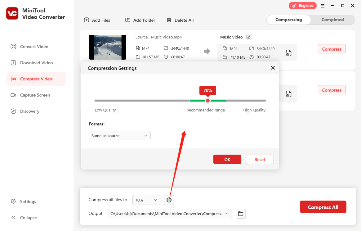 Click the settings icon to compress all files with the same settings in MiniTool Video Converter