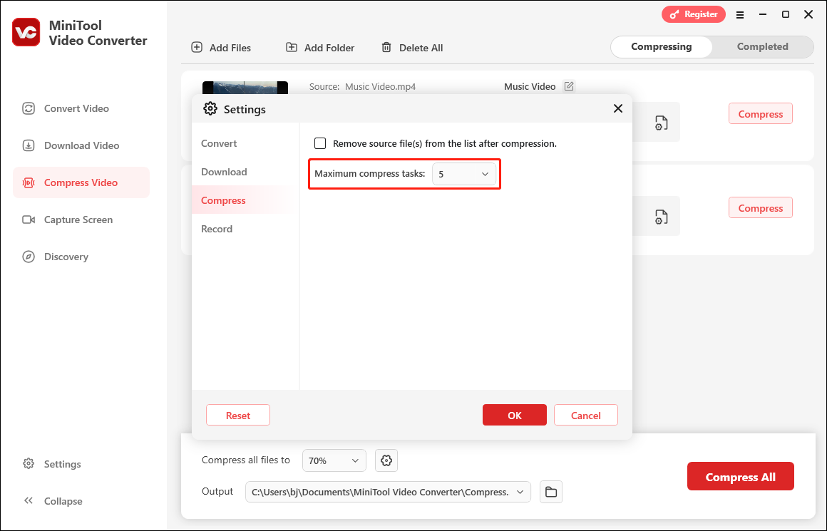 Set the maximum number of compression tasks to 5 in MiniTool Video Converter