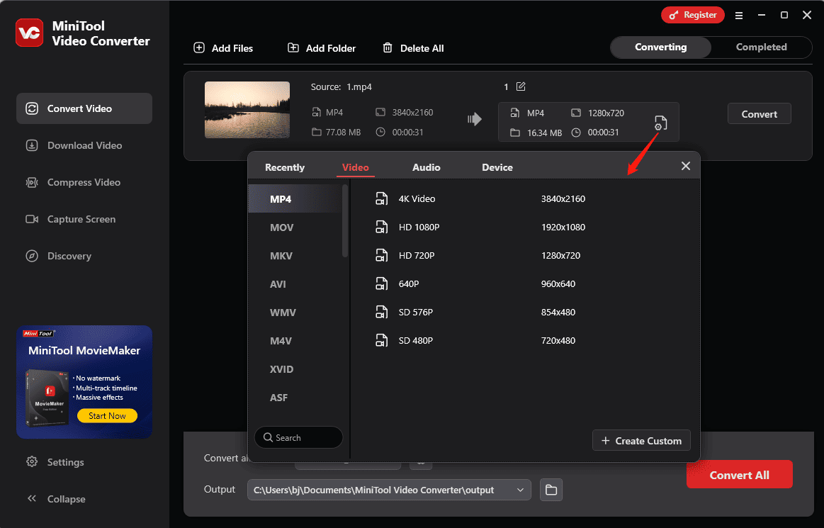 Choose a video format in MiniTool Video Converter