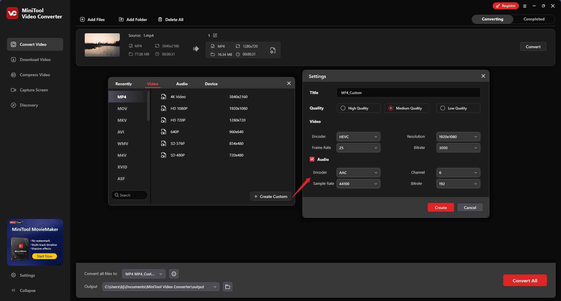 Create a custom format in MiniTool Video Converter