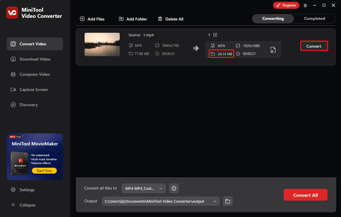 Click the Convert button to begin the conversion in MiniTool Video Converter