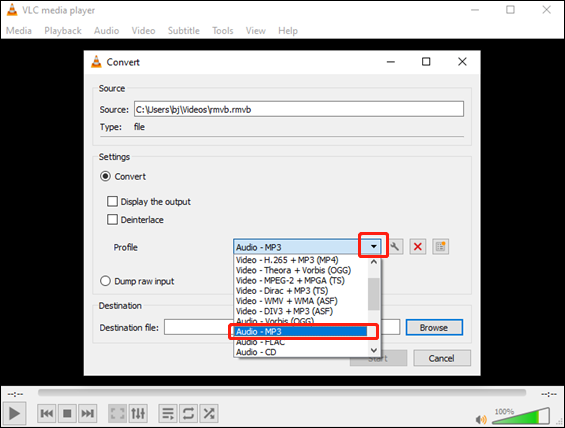 Choose MP3 as the output format in VLC Media Player for conversion