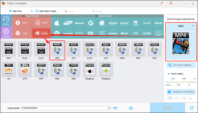 Select MP3 as the output format in HD Video Converter Factory Pro for conversion