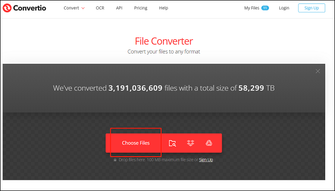 Click the Choose Files button to upload the AUD file to Convertio