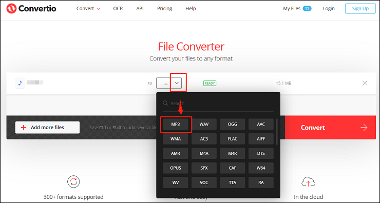 Open the output format library and select MP3 as the output format in Convertio