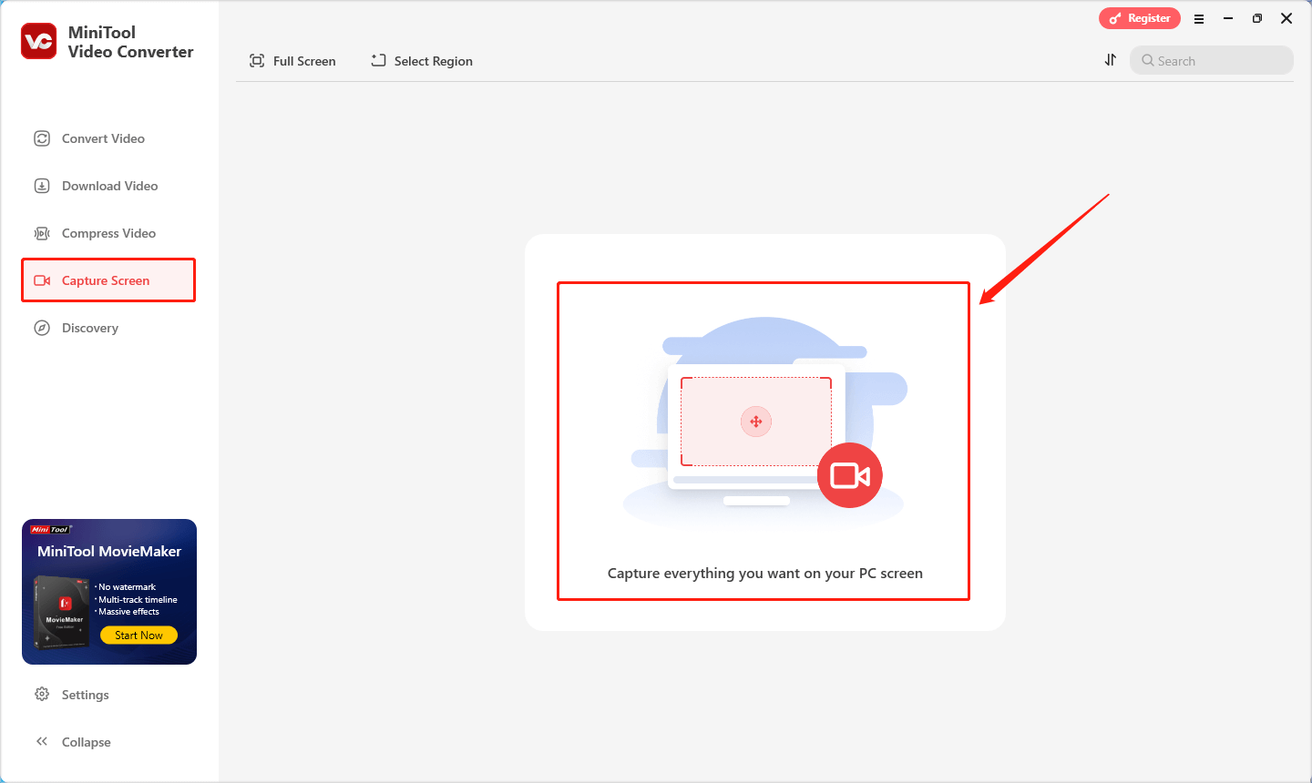 zum Aufrufen des MiniTool Screen Recorders klicken Sie in MiniTool Video Converter auf „Bildschirm aufnehmen“ und dann auf den mittleren Bereich
