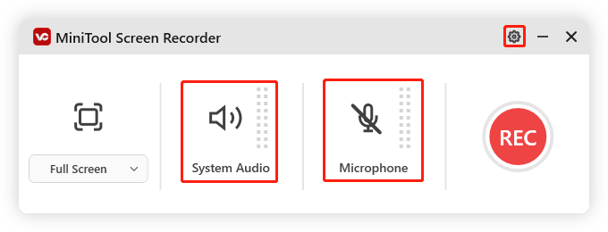 in MiniTool Screen Recorder auf die entsprechenden Symbole klicken, um den System- und Mikrofonton ein oder auszuschalten