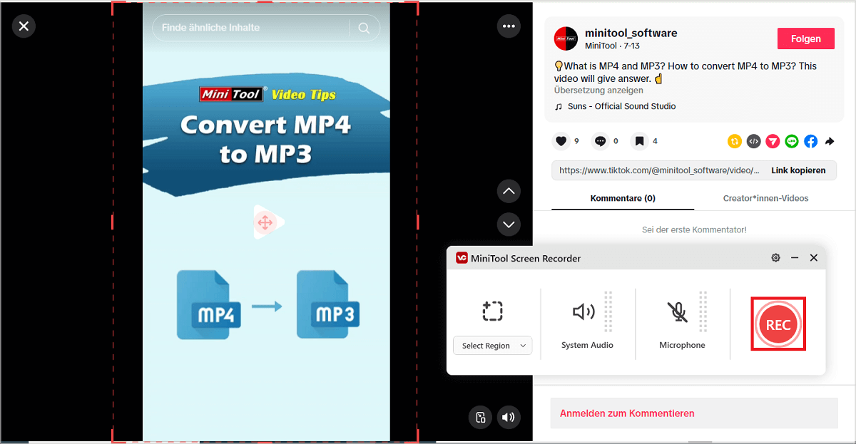 auf die REC-Schaltfläche klicken oder F6 drücken, um die Bildschirmaufnahme mit MiniTool Screen Recorder zu starten