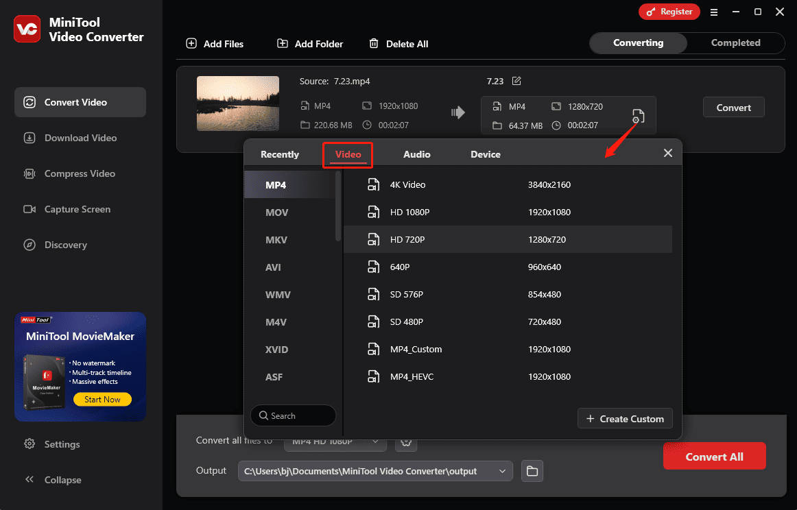Click the Settings icon and choose Video in MiniTool Video Converter